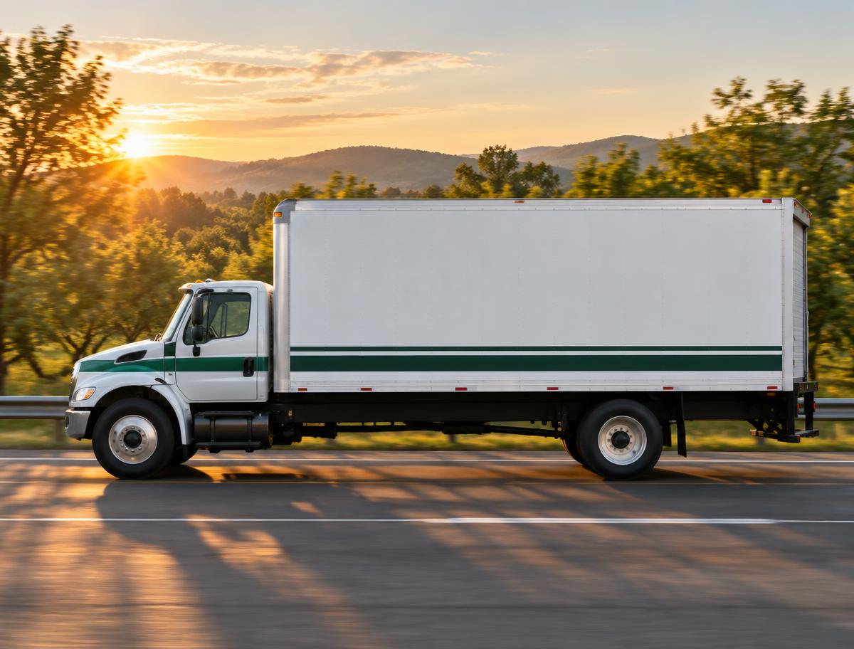 A white 26-foot box truck with green accents driving a tree-lined New Jersey road at sunrise